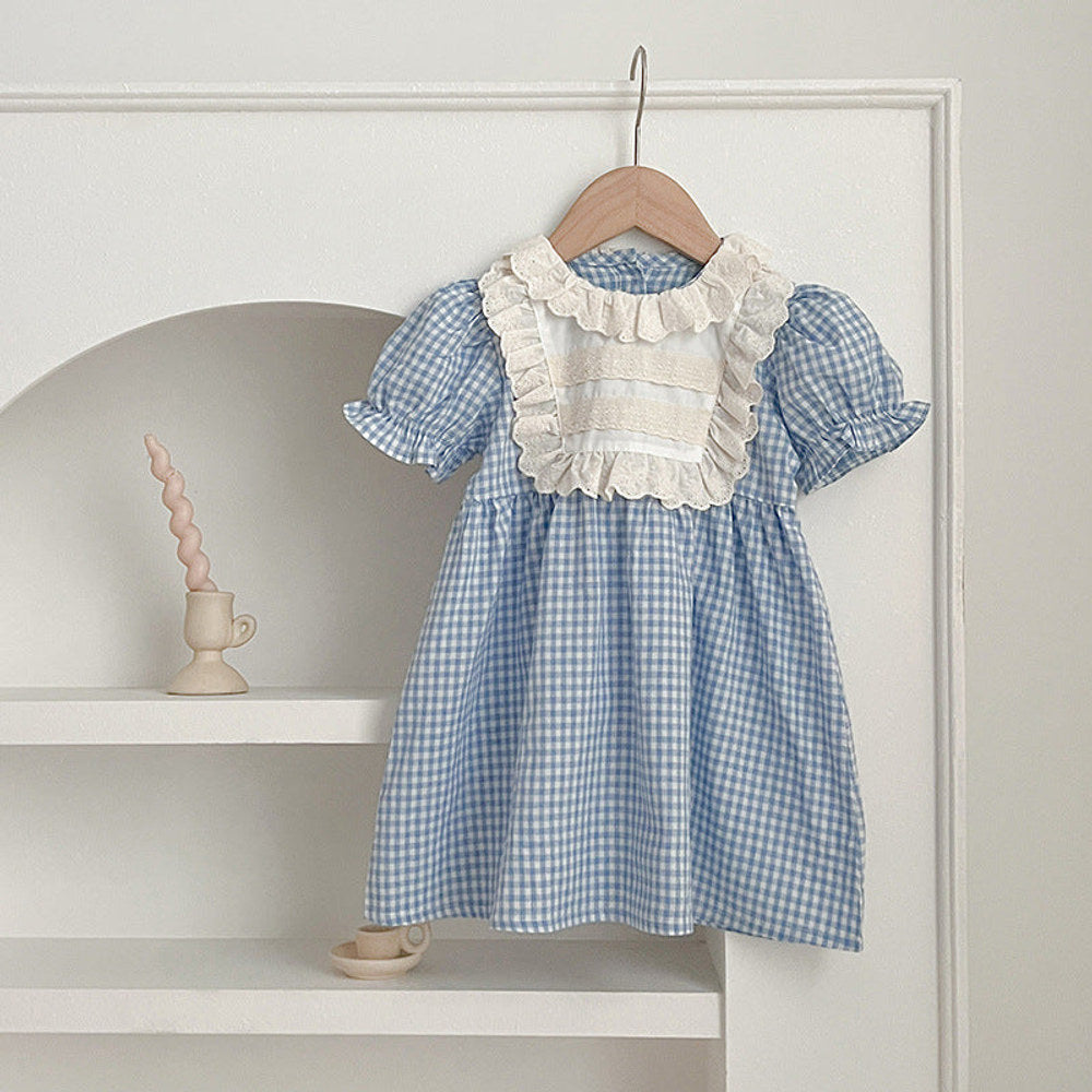 MyKids-USA® Arrival Summer Girls Blue Plaid Noble Crew Neck Short Sleeves bodysuit And Dress – Princess Sister Matching Set