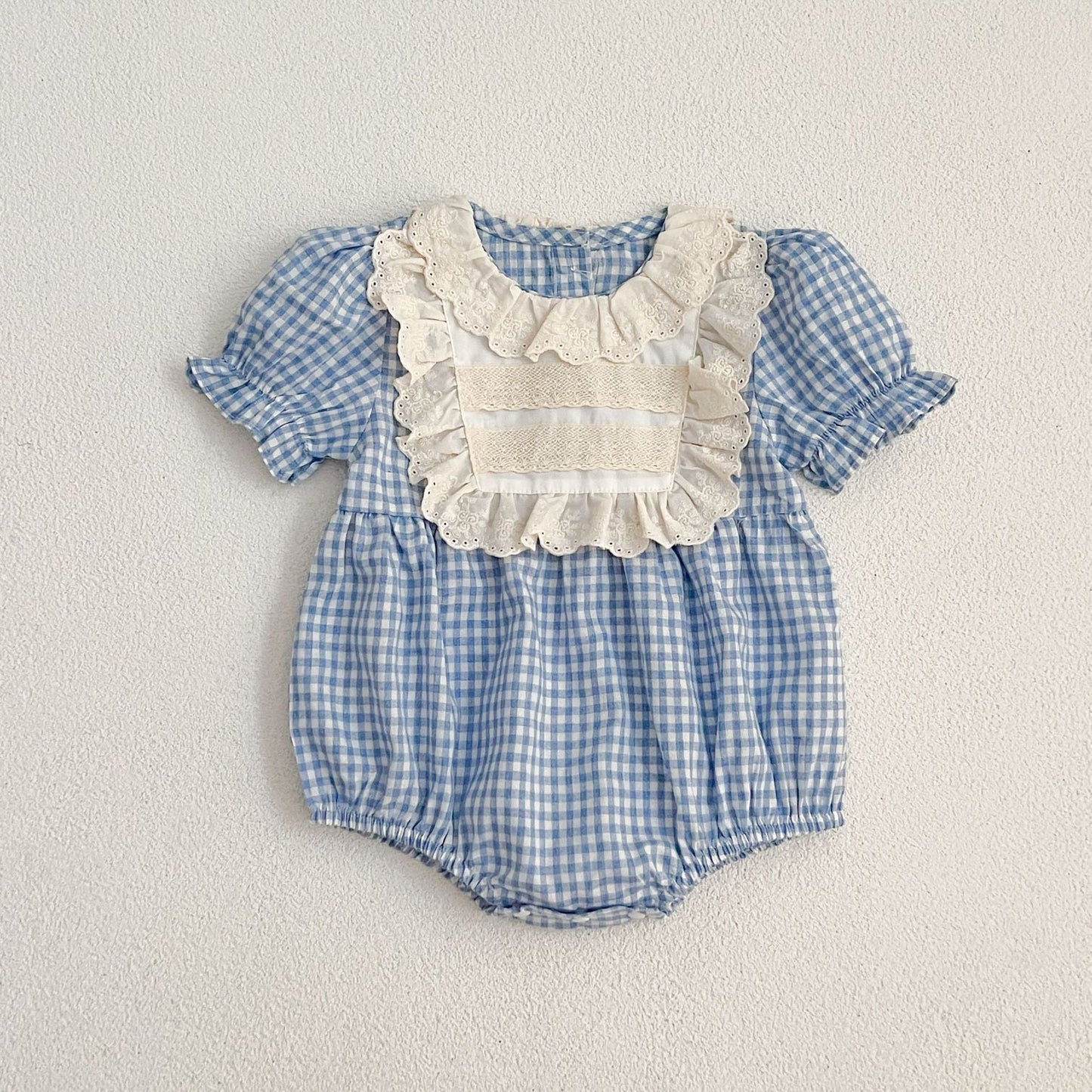 MyKids-USA® Arrival Summer Girls Blue Plaid Noble Crew Neck Short Sleeves bodysuit And Dress – Princess Sister Matching Set