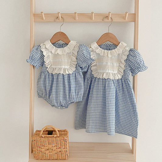 MyKids-USA® Arrival Summer Girls Blue Plaid Noble Crew Neck Short Sleeves bodysuit And Dress – Princess Sister Matching Set