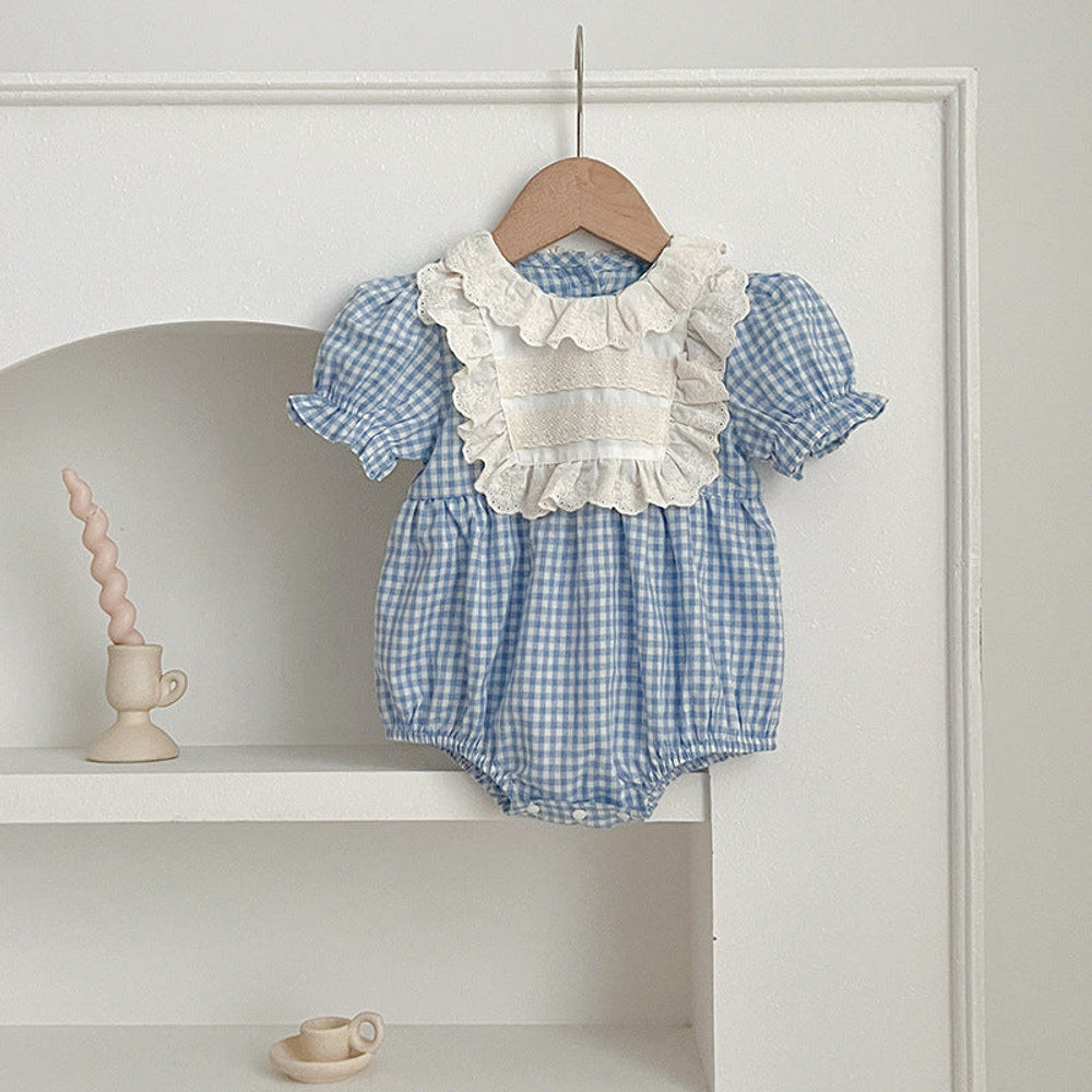 MyKids-USA® Arrival Summer Girls Blue Plaid Noble Crew Neck Short Sleeves bodysuit And Dress – Princess Sister Matching Set